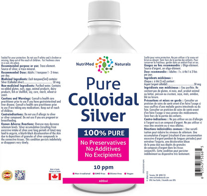 Nutrimed Naturals - 純膠體銀 10ppm，600ml 液體，120 份 - 有助於支持您的免疫系統和整體活力 - 純素和非基因改造 - 第三方測試 - 加拿大配製和製造