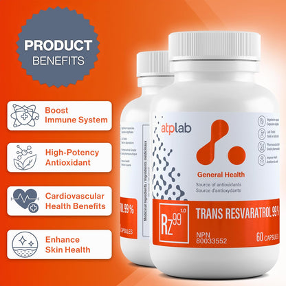 ATP LAB - 反式白藜芦醇 99% 60 粒胶囊 60 天供应量 - 抗氧化剂补充剂 - 免疫系统支持 - 反式白藜芦醇补充剂 - 焕发光彩的肌肤和免疫支持