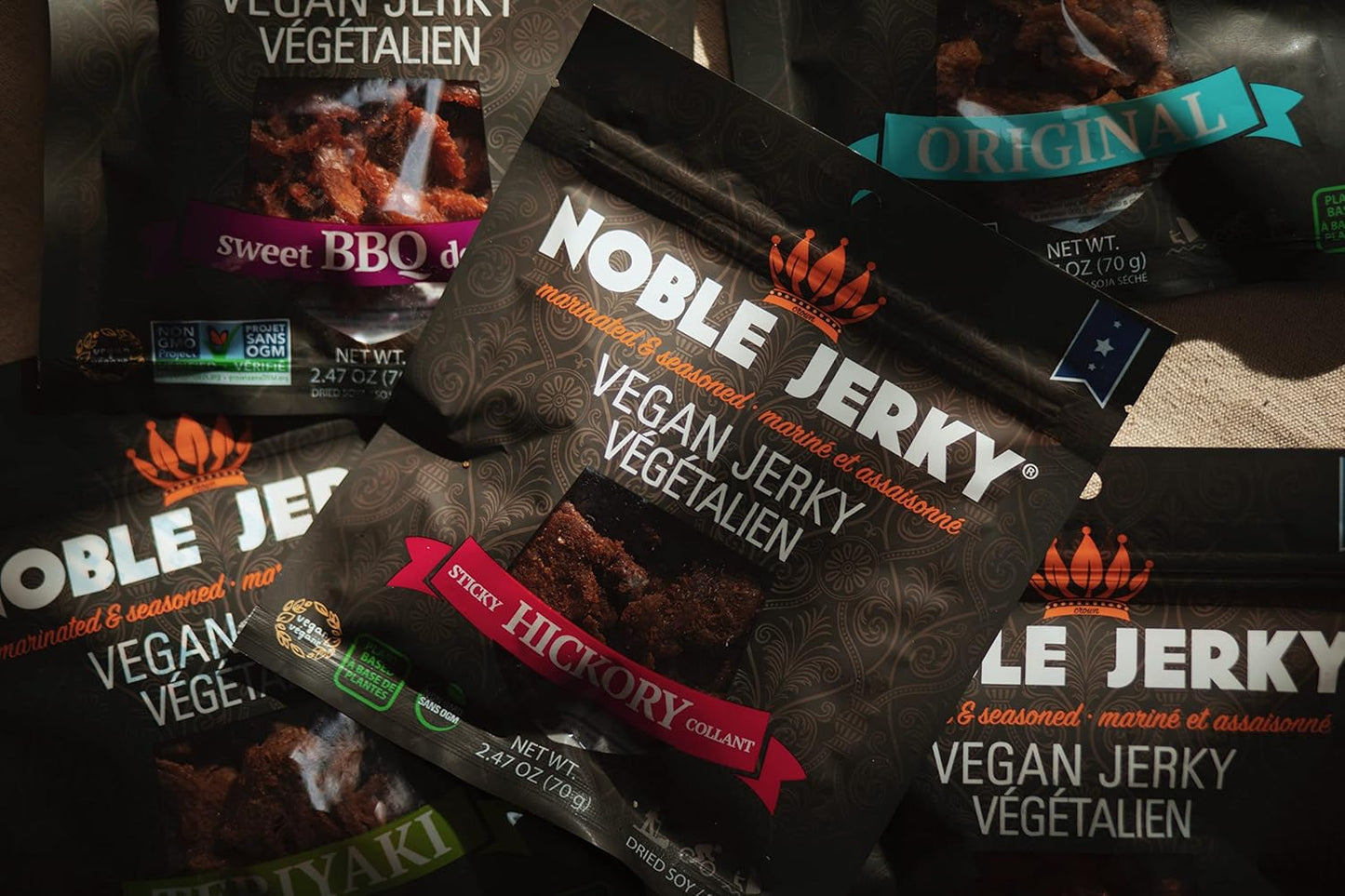 Noble Jerky – Vegan Jerky Variety Pack, Plant-Based Protein Snack, 14g Protein Per Bag, Vegetarian, Non-GMO, Healthy Snack, 5 Pack (70g Bags, Teriyaki, Chipotle, Original, BBQ, Hickory)