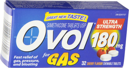 Ovol 强效樱桃味咀嚼片，缓解胀气疼痛、腹胀和腹胀，加拿大制造，180 毫克，32 片