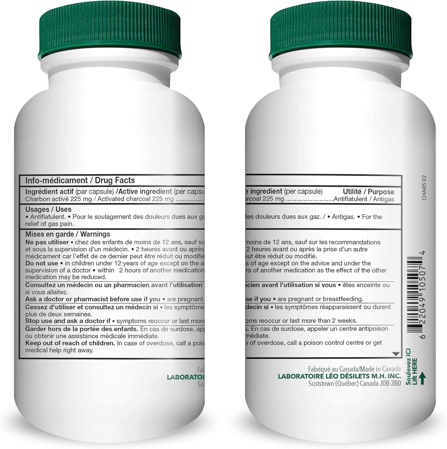 Leo Desilets 活性碳 | 每粒膠囊含 225 毫克活性碳 | 有助於緩解腹脹和脹氣疼痛 | 不含基因改造成分和殺蟲劑 | 75 粒膠囊