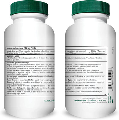Leo Desilets 活性碳 | 每粒膠囊含 225 毫克活性碳 | 有助於緩解腹脹和脹氣疼痛 | 不含基因改造成分和殺蟲劑 | 75 粒膠囊