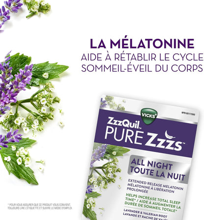 Vicks ZzzQuil PURE Zzzs 夜間緩釋褪黑素助眠片，成人適用，每片含 2 毫克，21 片