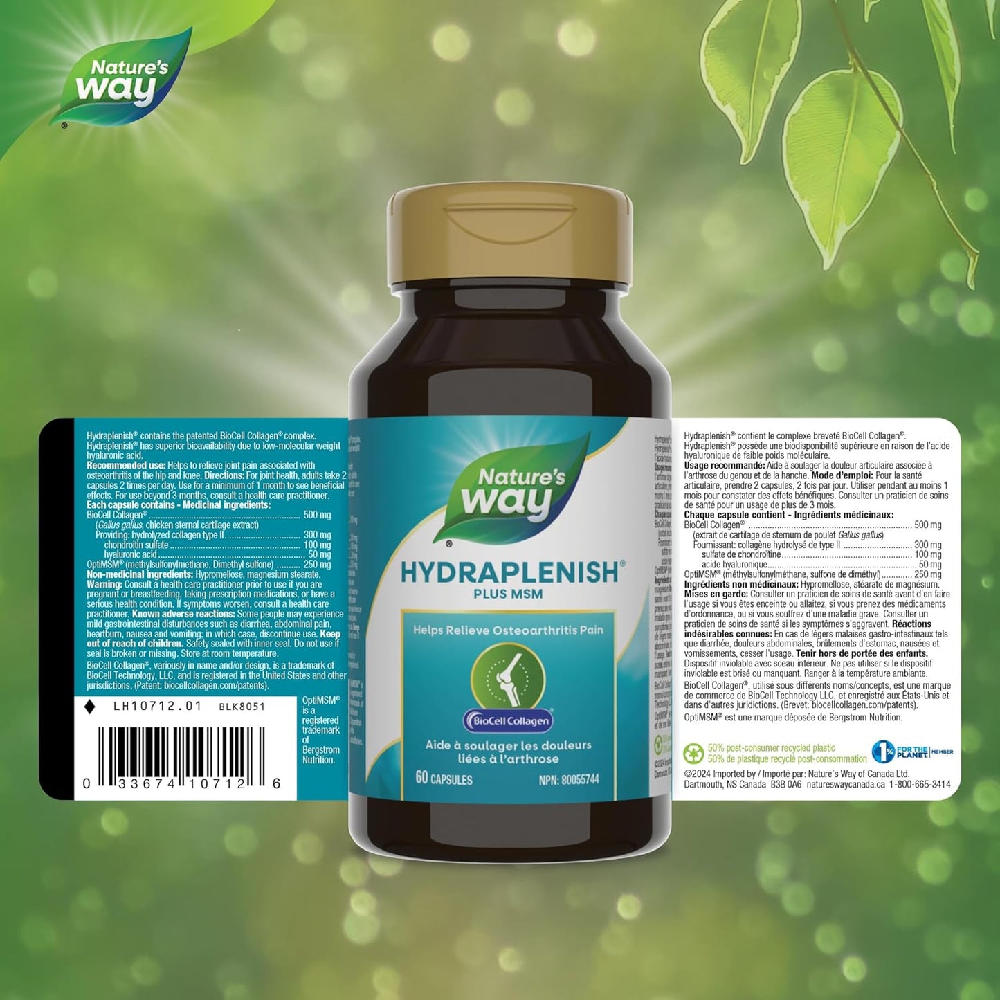 Nature's Way Hydraplenish Plus 膠原蛋白、MSM 和透明質酸、骨關節炎關節疼痛支持、BioCell 膠原蛋白，60 粒膠囊