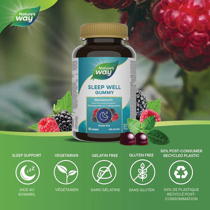 Nature's Way 睡眠好软糖 – 褪黑激素、镁和经临床研究的南非醉茄补充剂，成人睡眠辅助和时差支持，天然混合浆果口味，60 粒素食软糖