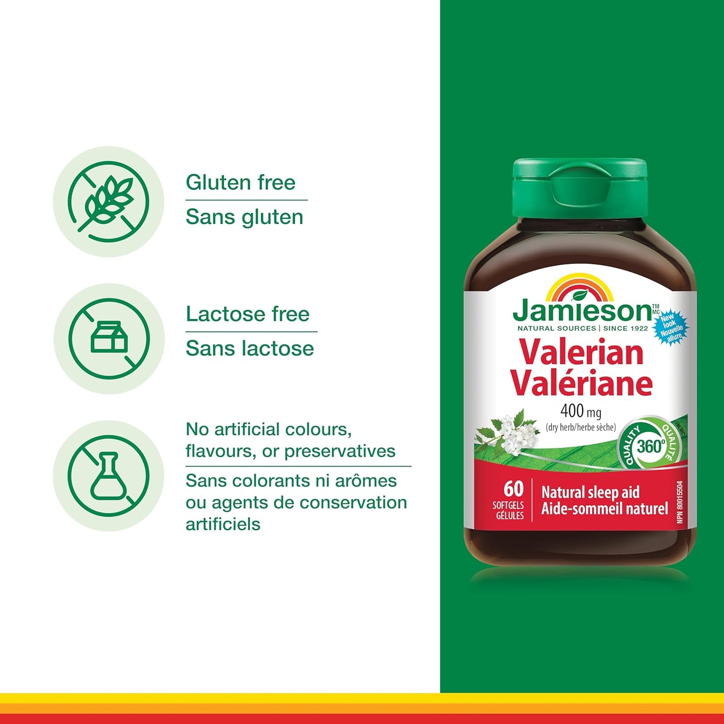 Jamieson 缬草 400 毫克，镇静、不含褪黑素、天然草本助眠，缓解紧张和烦躁。不含麸质，60 粒软胶囊，加拿大制造