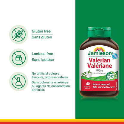 Jamieson 缬草 400 毫克，镇静、不含褪黑素、天然草本助眠，缓解紧张和烦躁。不含麸质，60 粒软胶囊，加拿大制造