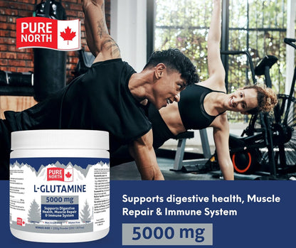 Pure North Naturals - L-谷氨酰胺 5000 毫克，250 克粉劑，50 份 - 腸道健康和消化健康 - 支持肌肉修復和支持免疫系統 - 經第三方測試 - 加拿大配製和製造