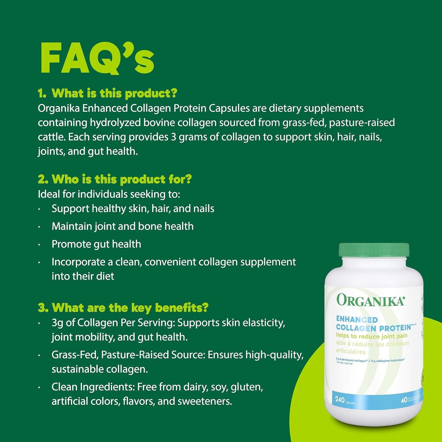 Organika 增強型膠原蛋白膠囊 - 有益於頭髮、皮膚、指甲和關節健康 - 水解，吸收更佳 - 草飼，非基因改造 - 240 粒膠囊