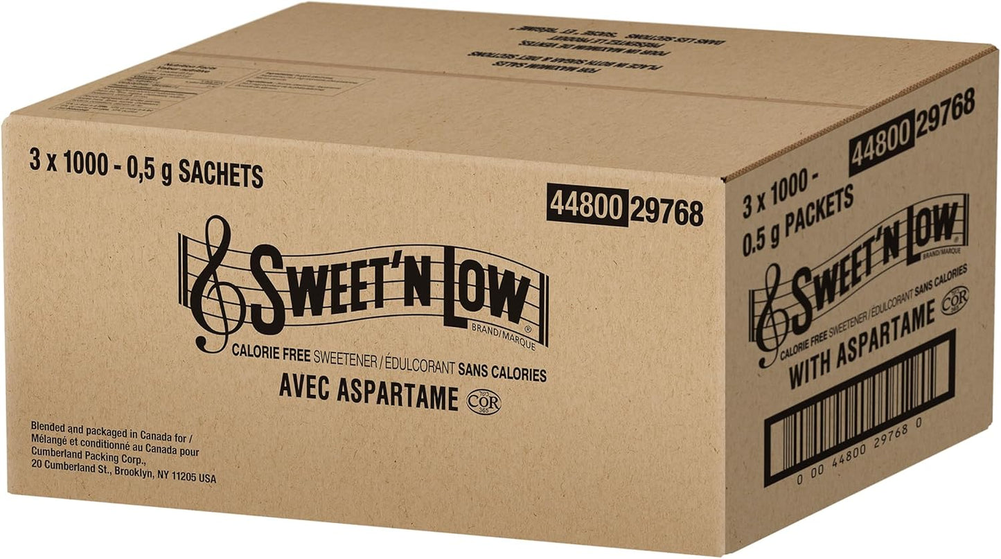 Sweet'N Low - Zero Calorie Sweetener - with Aspartame. Diabetic-Friendly, Gluten-Free, Kosher, Vegan - Perfect for Iced and Hot Coffee, Tea and Lemonade, Made in Canada - 3 x 1000 Packets