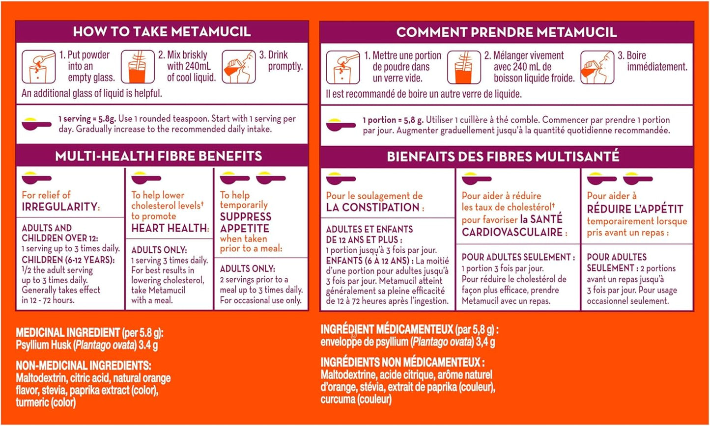 Metamucil 优质混合物，四合一每日膳食纤维，促进消化健康，植物基车前子壳粉补充剂，无糖，含甜菊糖，橙味，72 份