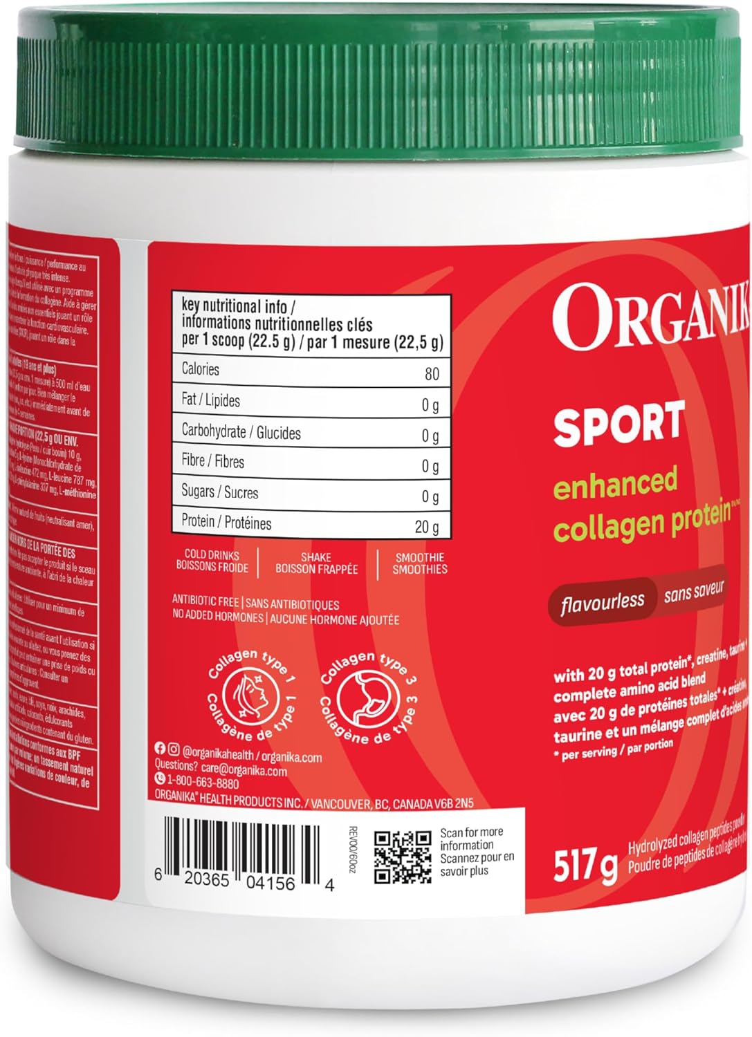 Organika Canadian-Made Enhanced Collagen Sport- 20g Collagen Protein + Creatine, Taurine, and Compete Amino Acid Profile- Promotes Muscle Growth, Strength, and Joint Health- Unflavoured- 517g