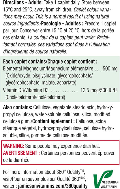 Jamieson 强效镁片 500 毫克，含 500 国际单位维生素 D3，高吸收率，5 种镁源，支持骨骼健康和肌肉功能。素食，非转基因，无麸质，60 粒胶囊，加拿大制造