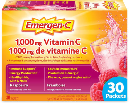 Emergen-C Immune+ 1000mg 维生素 C 粉剂补充剂、饮料混合物、免疫系统增强剂、覆盆子、24 包和覆盆子（30 粒）、1000mg 维生素 C/电解质/B 族维生素矿物质补充剂