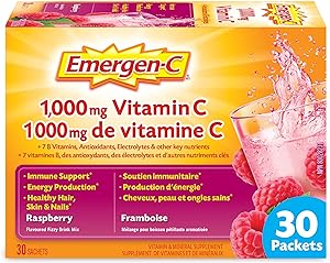 Emergen-C® 覆盆子（30 顆），1000 毫克維生素 C/電解質/B 群維生素礦物質補充劑