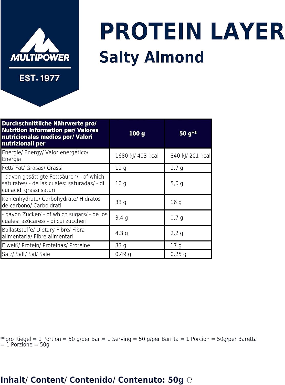 Multipower Protein Layer Bar - White Chocolate Salty Almond Flavor - High-Protein Multi-Layer Snack - 50g Bars (18 Pack)