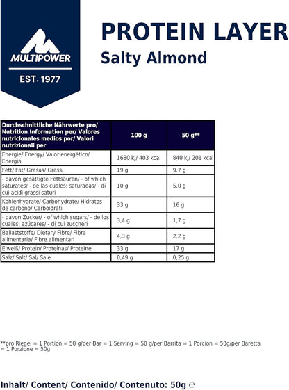 Multipower Protein Layer Bar - White Chocolate Salty Almond Flavor - High-Protein Multi-Layer Snack - 50g Bars (18 Pack)