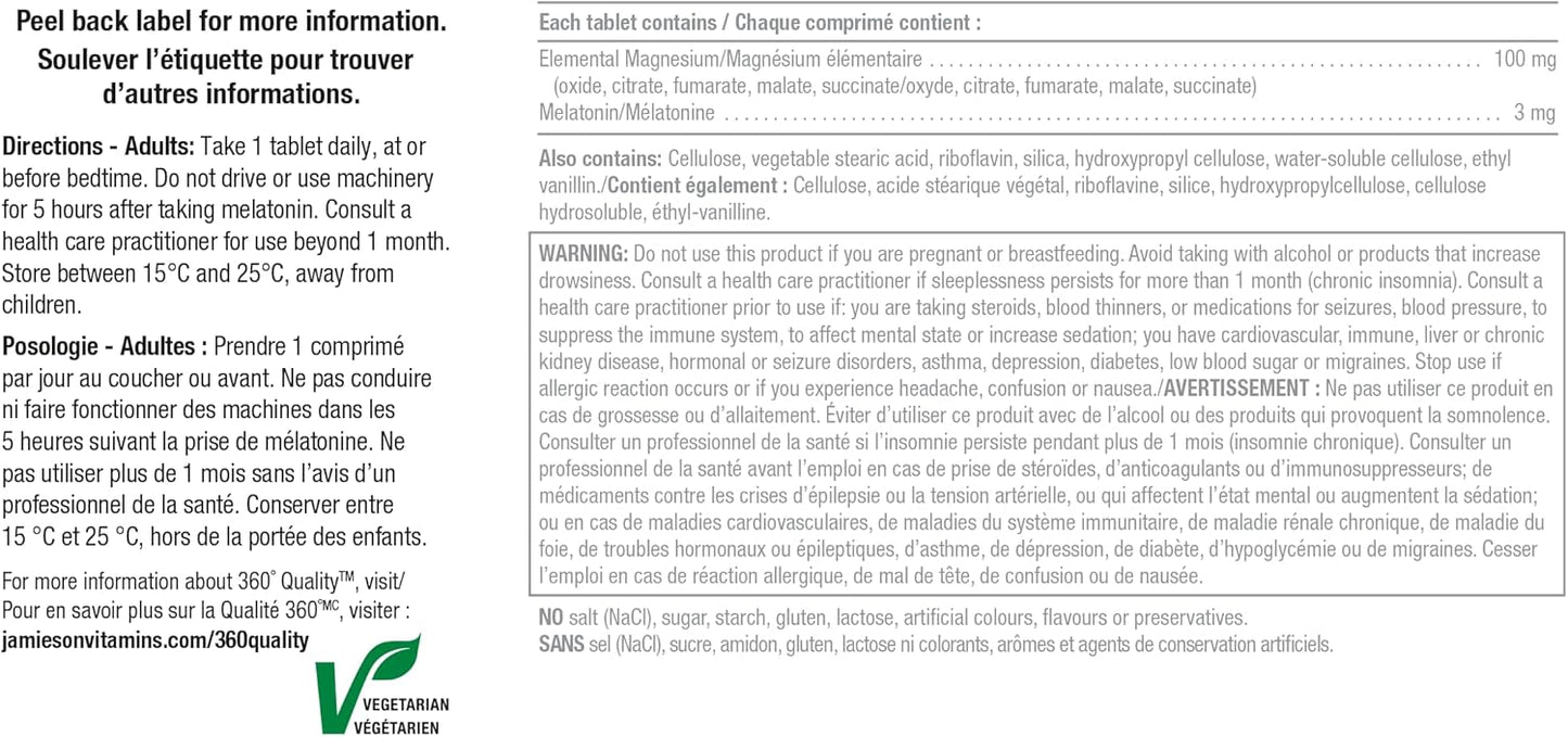 Jamieson 鎂片夜用片，含 100 毫克鎂和 3 毫克褪黑素，吸收率高，有助於改善睡眠質量，支持骨骼健康和肌肉功能。每日一片，素食，非基因改造，無麩質，100 克…
