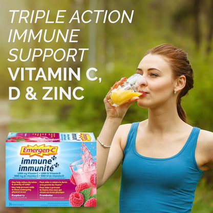 Emergen-C Immune+ 1000毫克維生素C粉劑補充劑，飲料混合物，免疫系統增強劑，覆盆子口味，24包