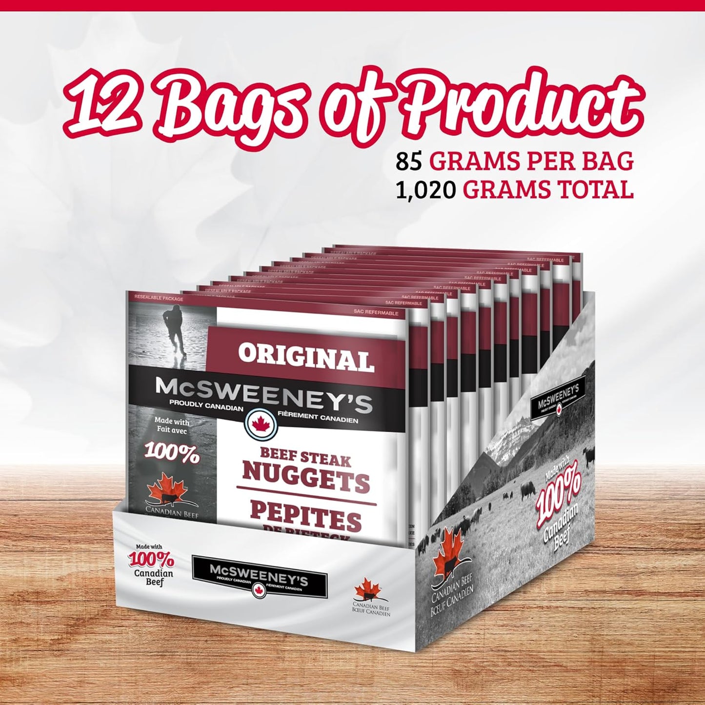 McSweeney's Original Beef Steak Nuggets Box. 100% Made in Canada, High Protein Snacks, Gluten Free, Low Fat, Meat Snacks, Naturally Smoked, Shelf Stable, Bulk Case 85g (Pack of 12)