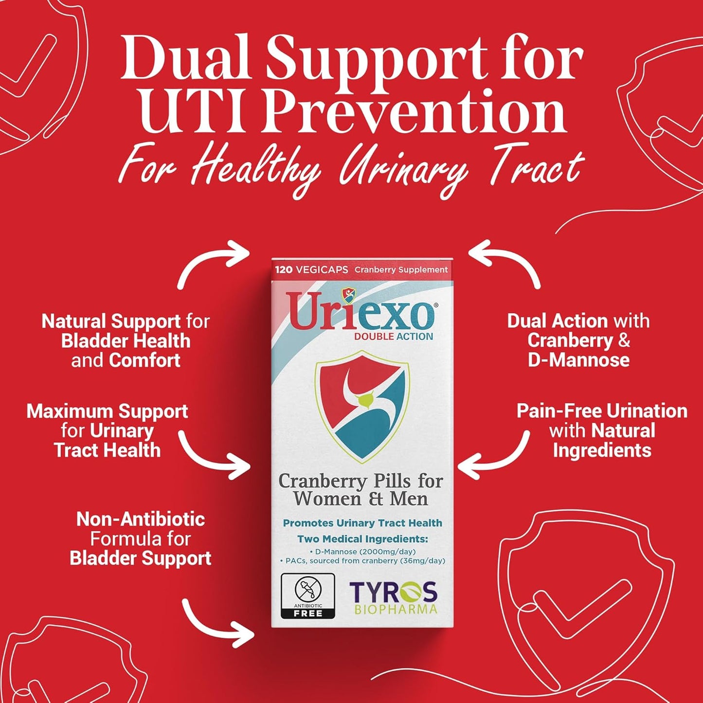 Uriexo Vegicaps - For Urinary Tract Infection (UTI), Antibiotic-Free, D-Mannose & Proanthocyanidins (PACs), Vegan, Gluten Free, GMO Free, Kosher & Halal, 120 count