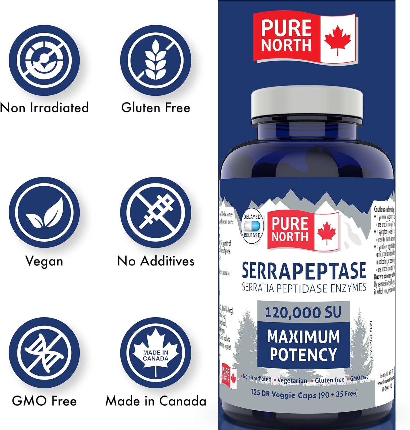 Pure North Naturals - Serrapeptase 沙雷氏菌肽酶 120000 SU 最大效力（90+35 粒胶囊）125 天供应 - 支持呼吸健康 - 经第三方测试 - 加拿大配制和制造