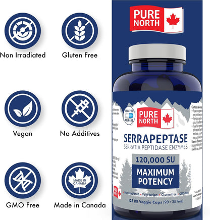 Pure North Naturals - Serrapeptase 沙雷氏菌肽酶 120000 SU 最大效力（90+35 粒胶囊）125 天供应 - 支持呼吸健康 - 经第三方测试 - 加拿大配制和制造