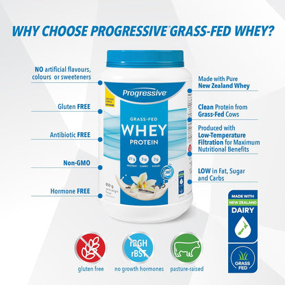 Progressive Grass-Fed 100% Whey Protein Powder Vanilla, 27g of New Zealand Whey Concentrate per Scoop for Muscle Gain, Pasture-Raised, Non-GMO, Canadian-Made Antibiotic-free, Hormone-free, 850 g