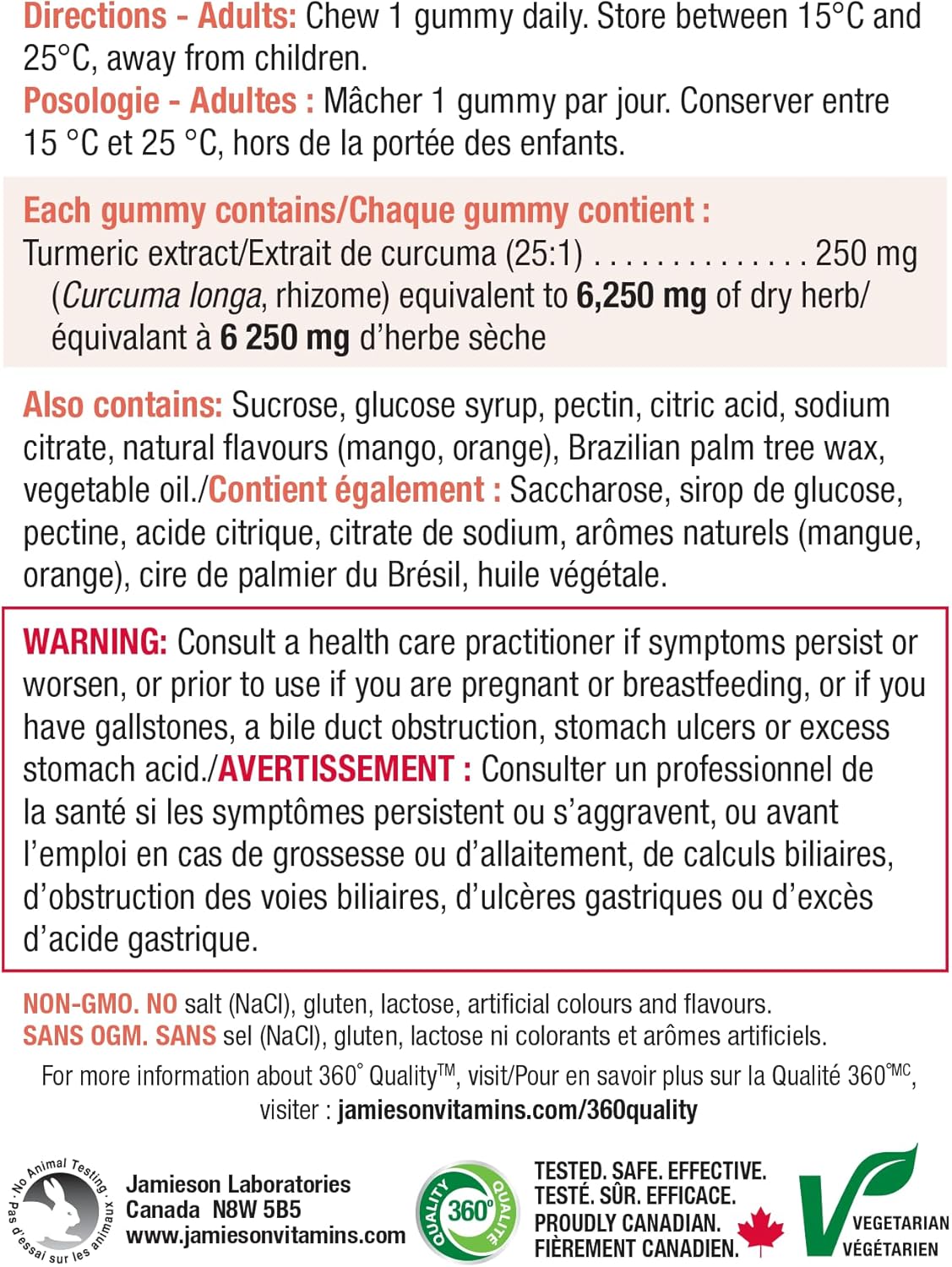 Jamieson Turmeric Gummies Mango Orange Flavour, Provides Natural Joint Pain Relief and Supports Inflammation, Potent Antioxidant. Vegetarian, Non-GMO, Gluten-Free, No Artificial Colours, or Flavours, 60 Count, Proudly Ca…