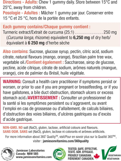 Jamieson Turmeric Gummies Mango Orange Flavour, Provides Natural Joint Pain Relief and Supports Inflammation, Potent Antioxidant. Vegetarian, Non-GMO, Gluten-Free, No Artificial Colours, or Flavours, 60 Count, Proudly Ca…