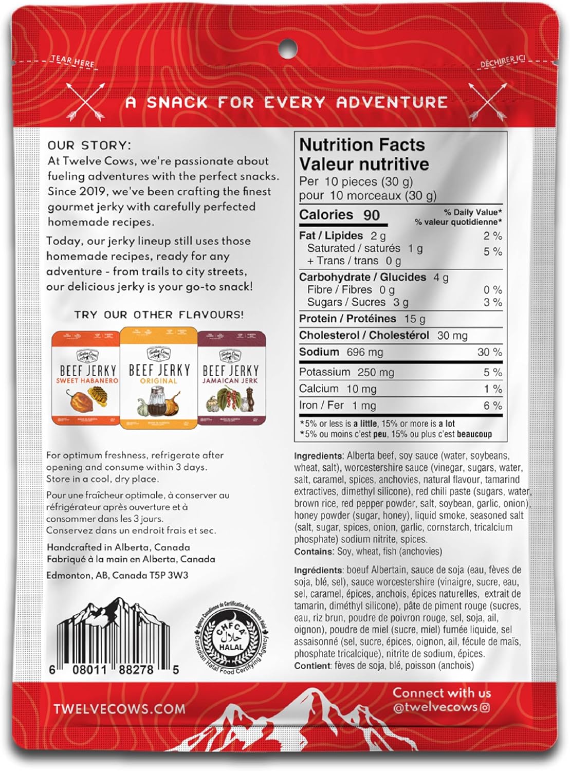 Twelve Cows Handcrafted Beef Jerky Korean Chili, Whole Muscle Premium Cuts, Alberta Beef, High Protein, Low Carb, Halal, Keto - 57g (1 Pack)