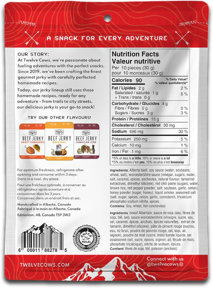 Twelve Cows Handcrafted Beef Jerky Korean Chili, Whole Muscle Premium Cuts, Alberta Beef, High Protein, Low Carb, Halal, Keto - 57g (1 Pack)