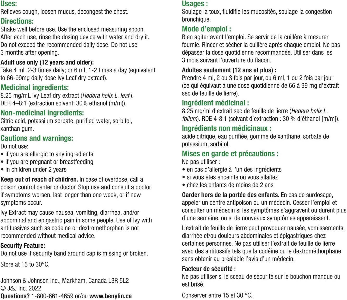 BENYLIN HERBAL Cough Syrup Ivy Leaf, Herbal Decongestant, Cold & Flu Relief, Cough Suppressant, Sugar Free, Antioxidants, 100-mL