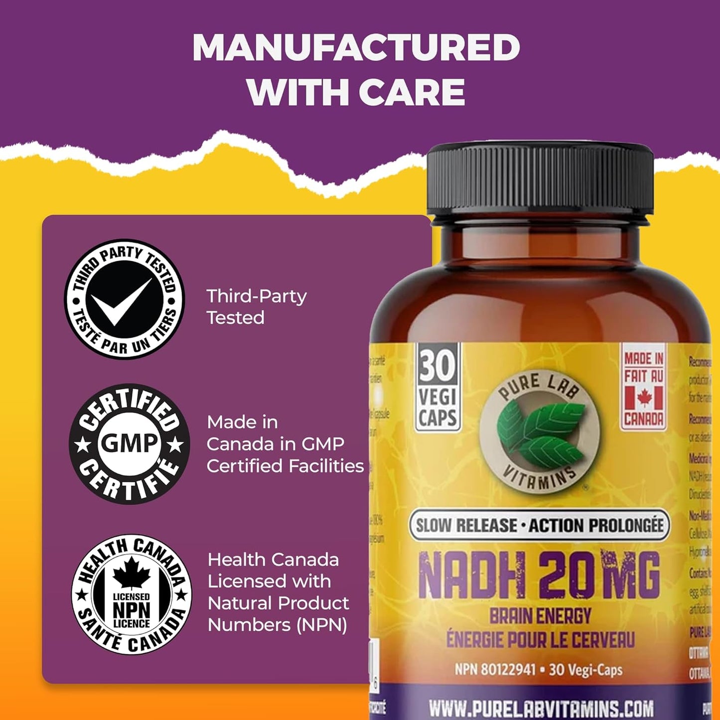 Pure Lab Vitamins Slow Release NADH 20 mg - 30 Vegi-Caps