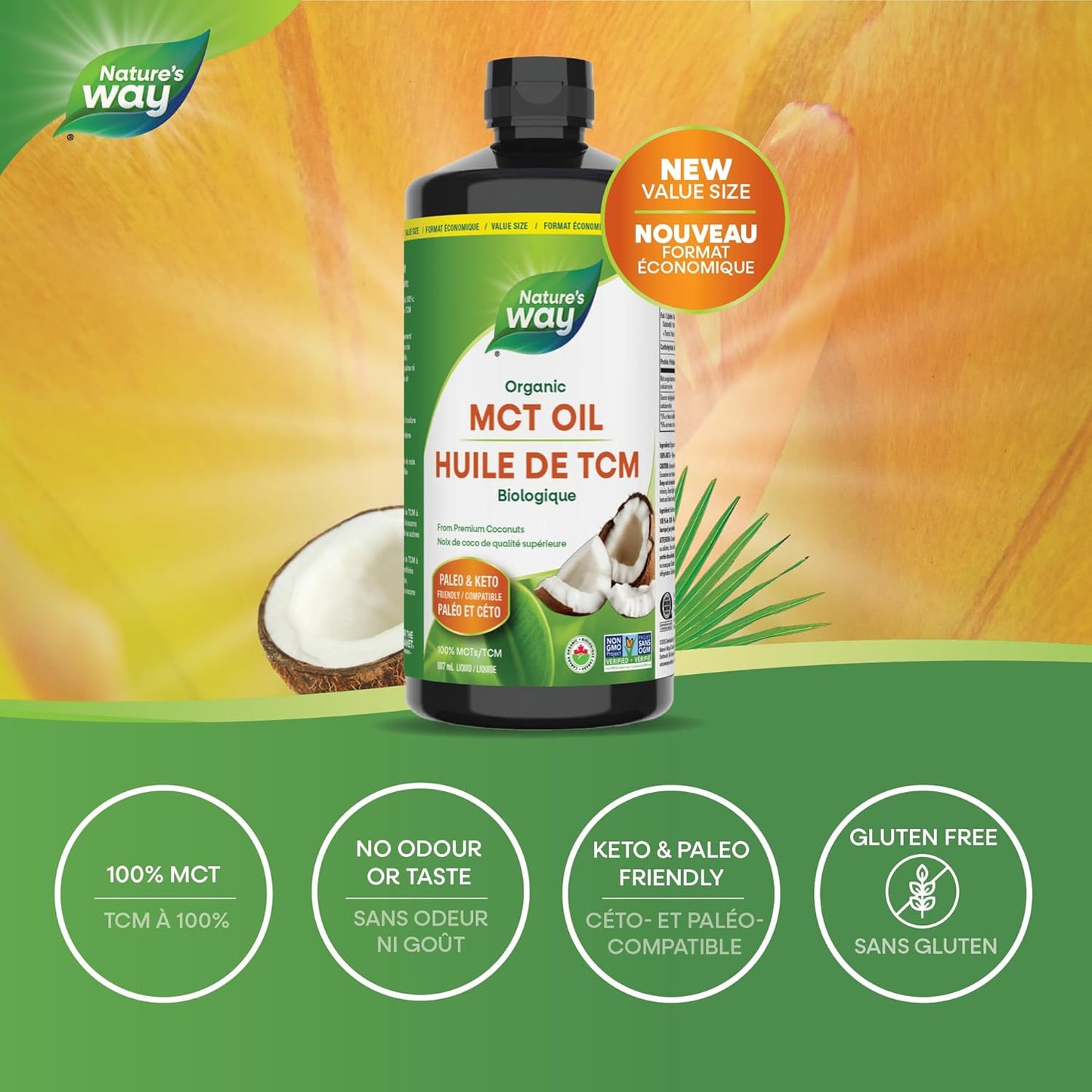 Nature's Way 100% 純正 MCT 椰子油 – 每份含 14 克 MCT – 原始人飲食和生酮飲食友好 – 有機認證 – 非基因改造項目認證 – 素食、無麩質、無味 – 無填充油 – 887 毫升，超值裝