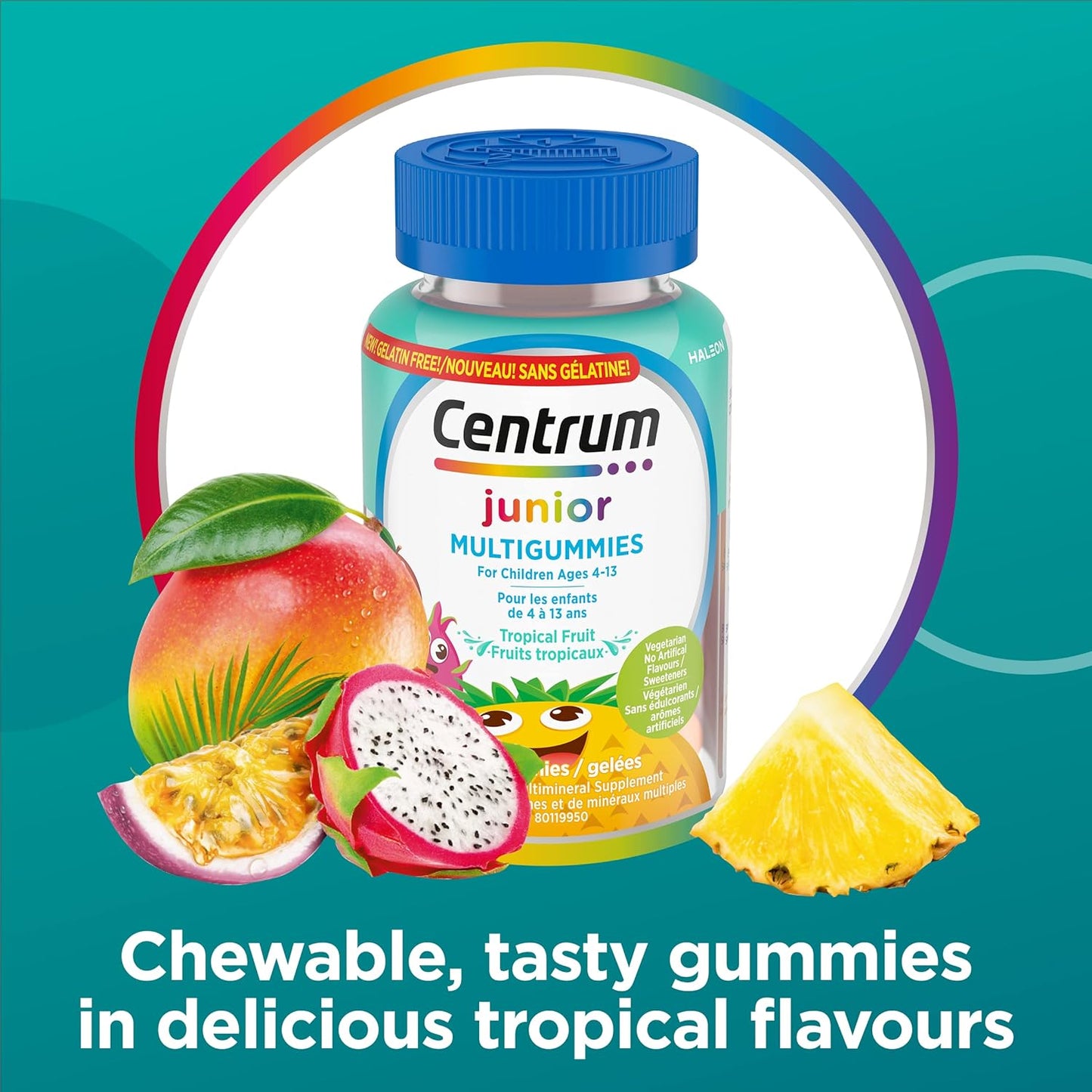 Centrum Junior 热带水果复合维生素矿物质补充剂，菠萝芒果、火龙果、百香果口味，60 粒