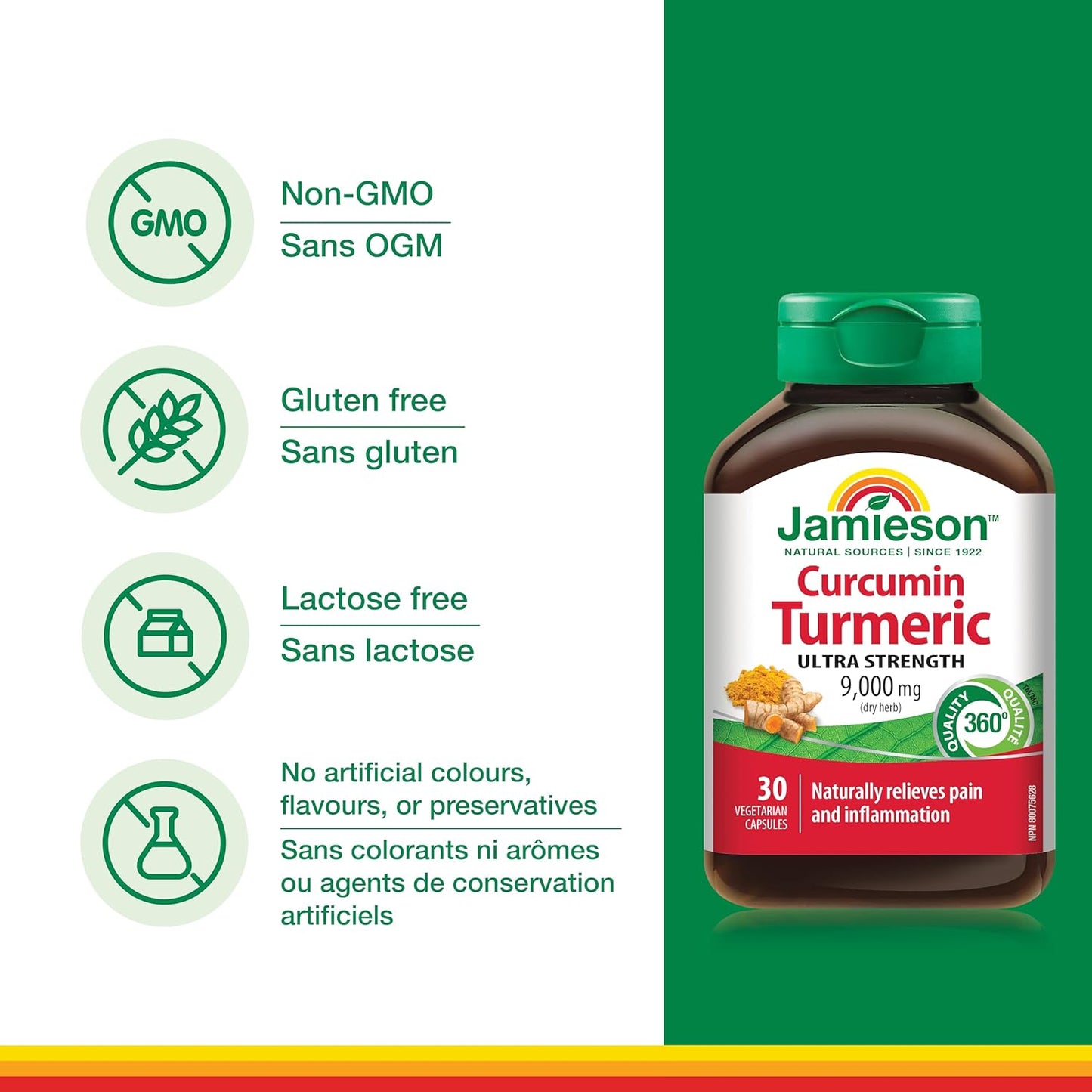 Jamieson Turmeric 9,000 mg, Ultra Strength, Provides Natural Joint Pain Relief, Supports Inflammation, and Helps with Digestion. NON-GMO, Gluten-Free, 30 Vegetarian Capsules, Proudly Canadian