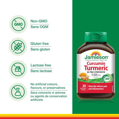 Jamieson Turmeric 9,000 mg, Ultra Strength, Provides Natural Joint Pain Relief, Supports Inflammation, and Helps with Digestion. NON-GMO, Gluten-Free, 30 Vegetarian Capsules, Proudly Canadian