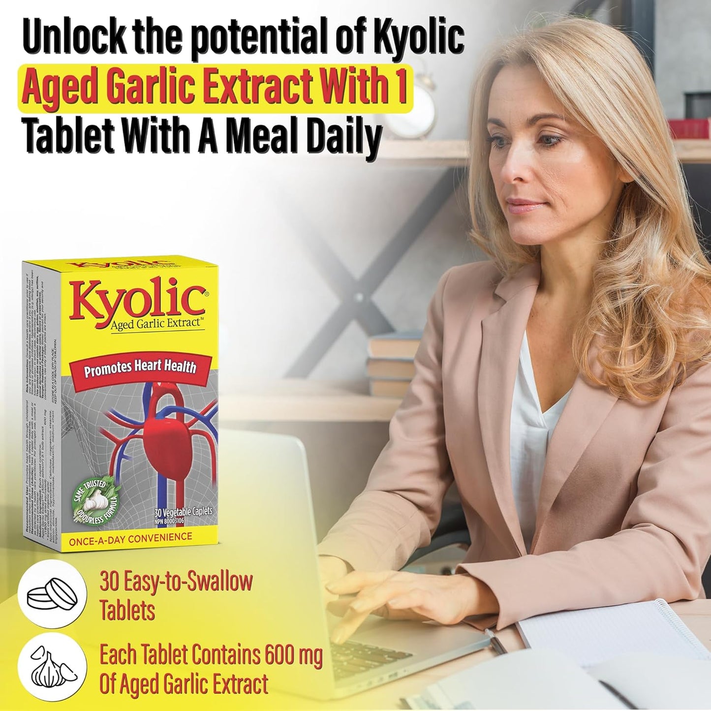 Kyolic - Kyolic Aged Garlic Extract 600mg, 30 Veg Caplets - Kyolic Cardiovascular Health, Cardio Heart Health, Immune System Support and Inflammation Supplements - Odorless Garlic Supplements