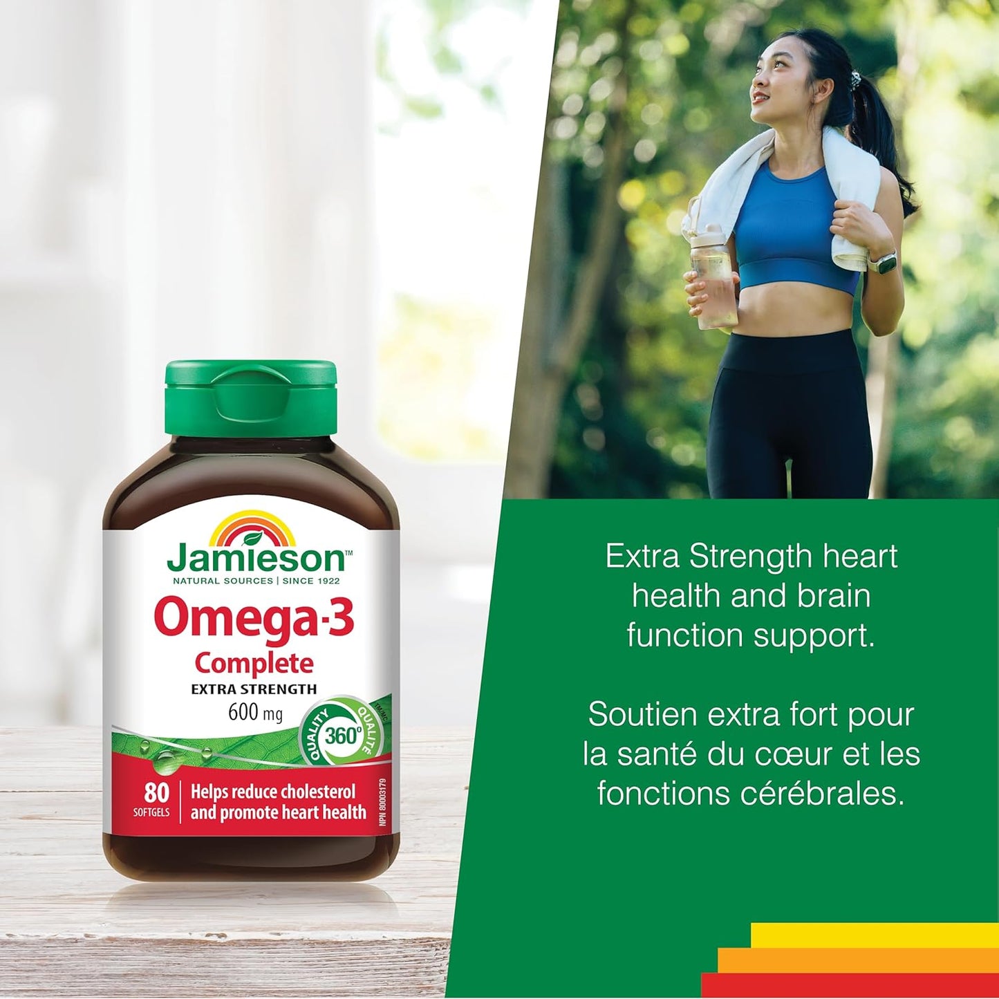 Jamieson Omega-3 Extra Strength Complete 600 mg, Supports Brain and Heart Health, and Mood Balance. With EPA and DHA, Non-GMO, Gluten-Free, 80 Softgels, Proudly Canadian