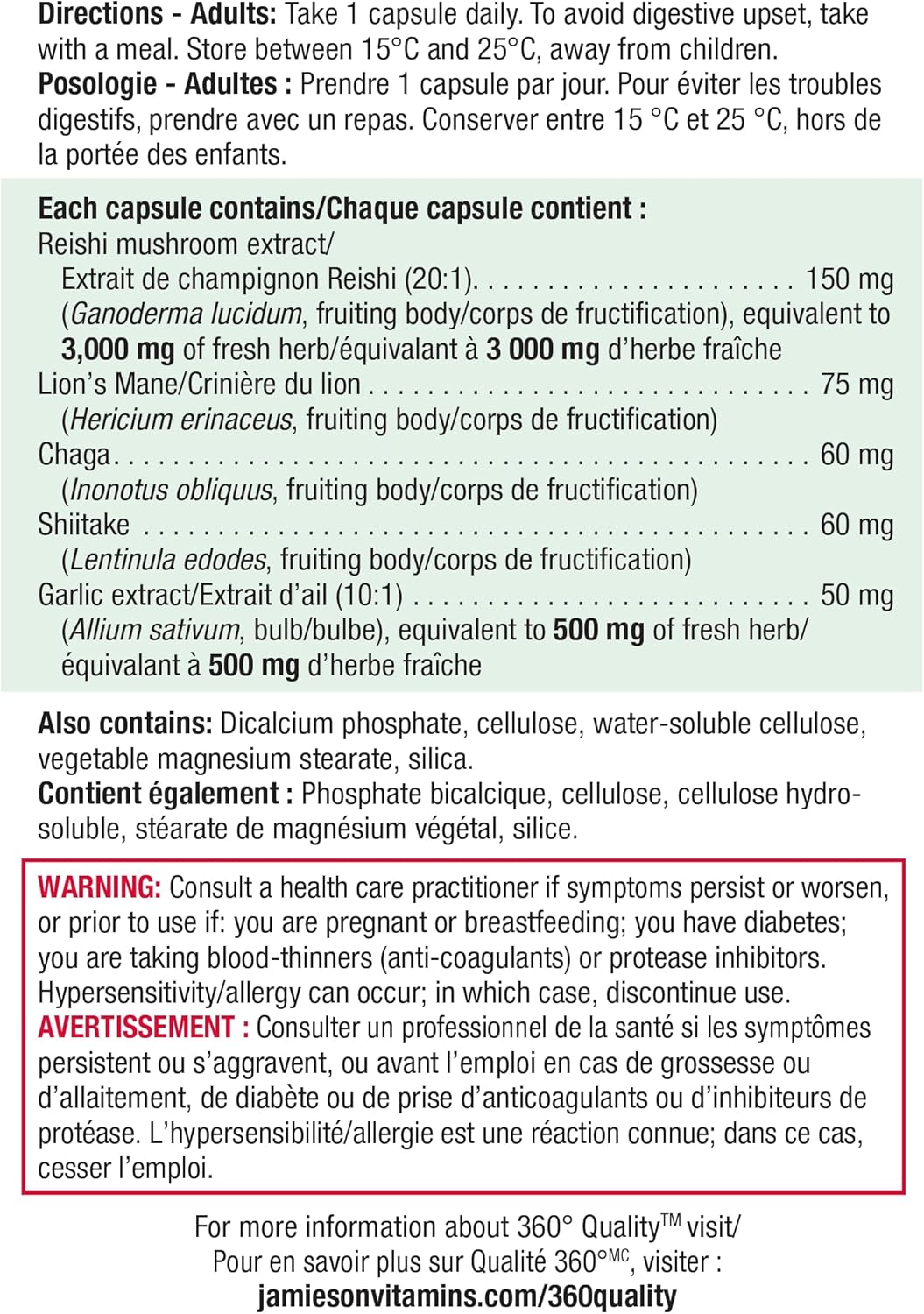 Jamieson Mushroom Complex, with Reishi, Lion's Mane, Chaga, Shiitake, and Garlic. Supports Immune Health, Energy, Resistance to Stress, and Heart Health, Non-GMO, Gluten-Free, 60 Capsules, Proudly Canadian