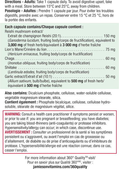 Jamieson Mushroom Complex, with Reishi, Lion's Mane, Chaga, Shiitake, and Garlic. Supports Immune Health, Energy, Resistance to Stress, and Heart Health, Non-GMO, Gluten-Free, 60 Capsules, Proudly Canadian