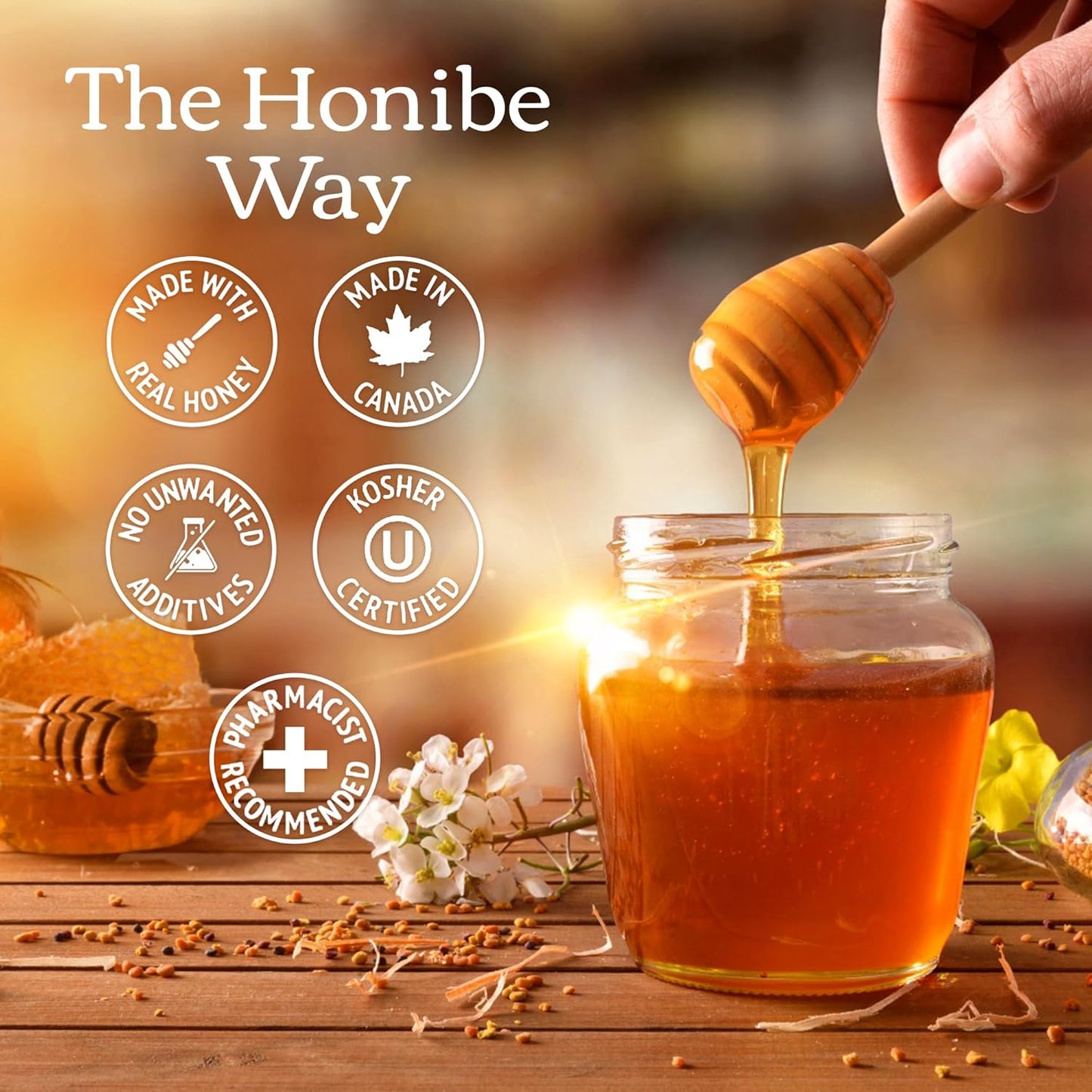 Honibe 100% 纯蜂蜜润喉糖，加拿大制造，缓解痰液和咳嗽，含接骨木果，1 包（10 粒润喉糖），天然浆果