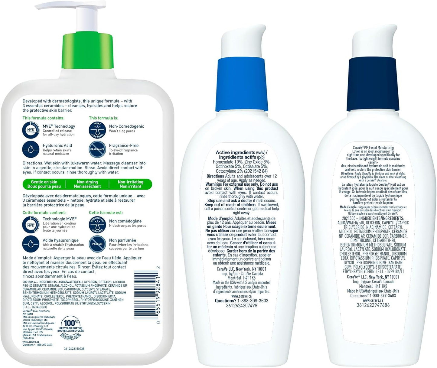 CeraVe 洁面乳和面霜套装（3 件装）、Cerave 日常必需品、保湿洁面乳、上午保湿乳液 SPF 30 和下午保湿乳液，含透明质酸和神经酰胺，无香型