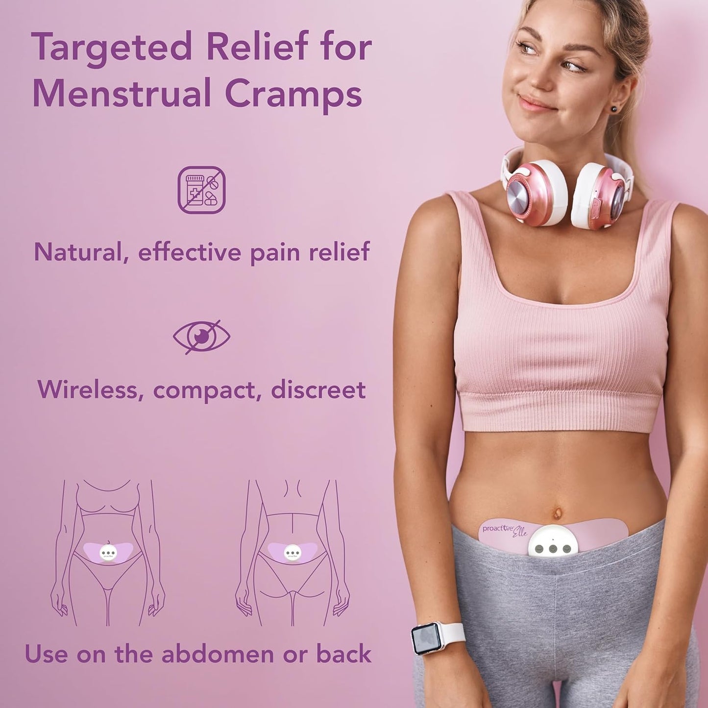 Proactive-Elle TENS 装置 - 无线经期疼痛缓解装置 - 缓解痛经，具有 6 种模式和 20 种强度等级 - 紧凑、无药物、隐蔽，可穿戴，缓解腹部和下背部不适
