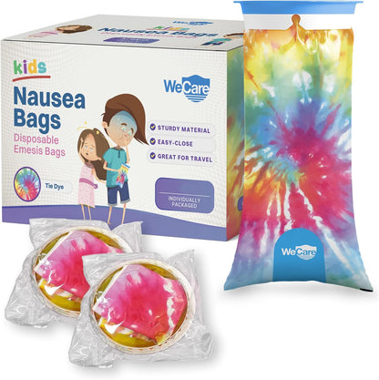 Kids Vomit Bags Disposable 5 Pack - Individually Wrapped Barf Bags with Cute Tie Dye Print - Leak Proof Self Sealing Emesis Bags for Motion Car Sickness and Nausea - Ideal for Taxis, Airplane Travel