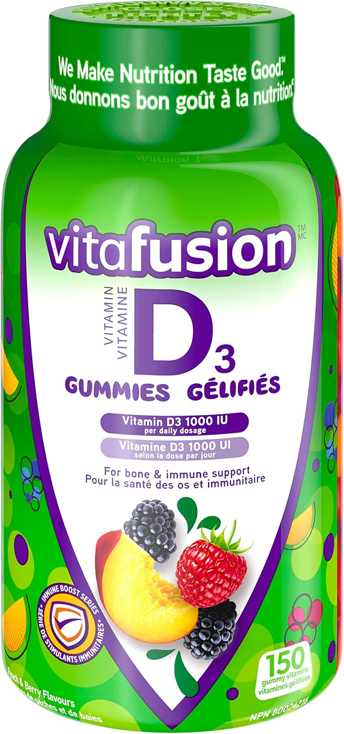 Vitafusion D3 成人維生素軟糖，1000 IU 維生素 D3 每日劑量，支持骨骼和牙齒*，150 粒，5 個月用量，包裝可能有所不同