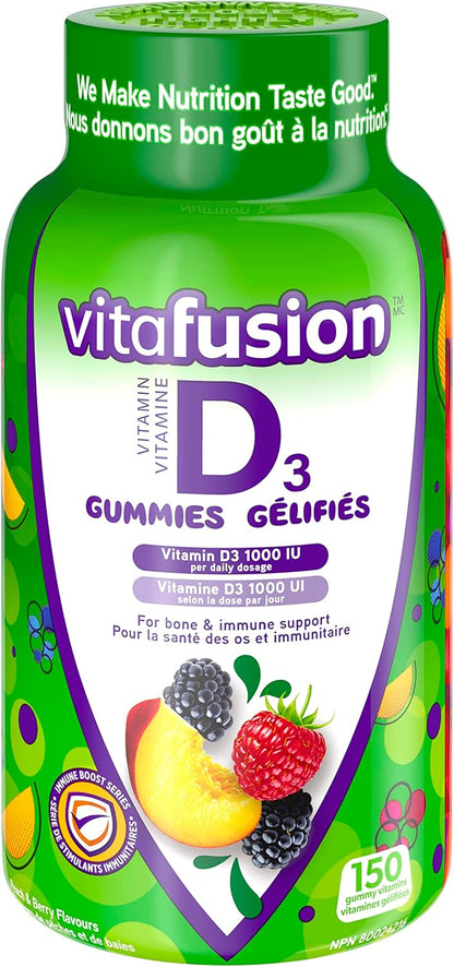 Vitafusion D3 成人維生素軟糖，1000 IU 維生素 D3 每日劑量，支持骨骼和牙齒*，150 粒，5 個月用量，包裝可能有所不同