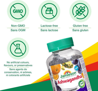 Jamieson南非醉茄软糖，柑橘葡萄味，增强抗压能力，补充适应原，改善记忆力。非转基因，无麸质，无人工色素、香精或防腐剂，60粒