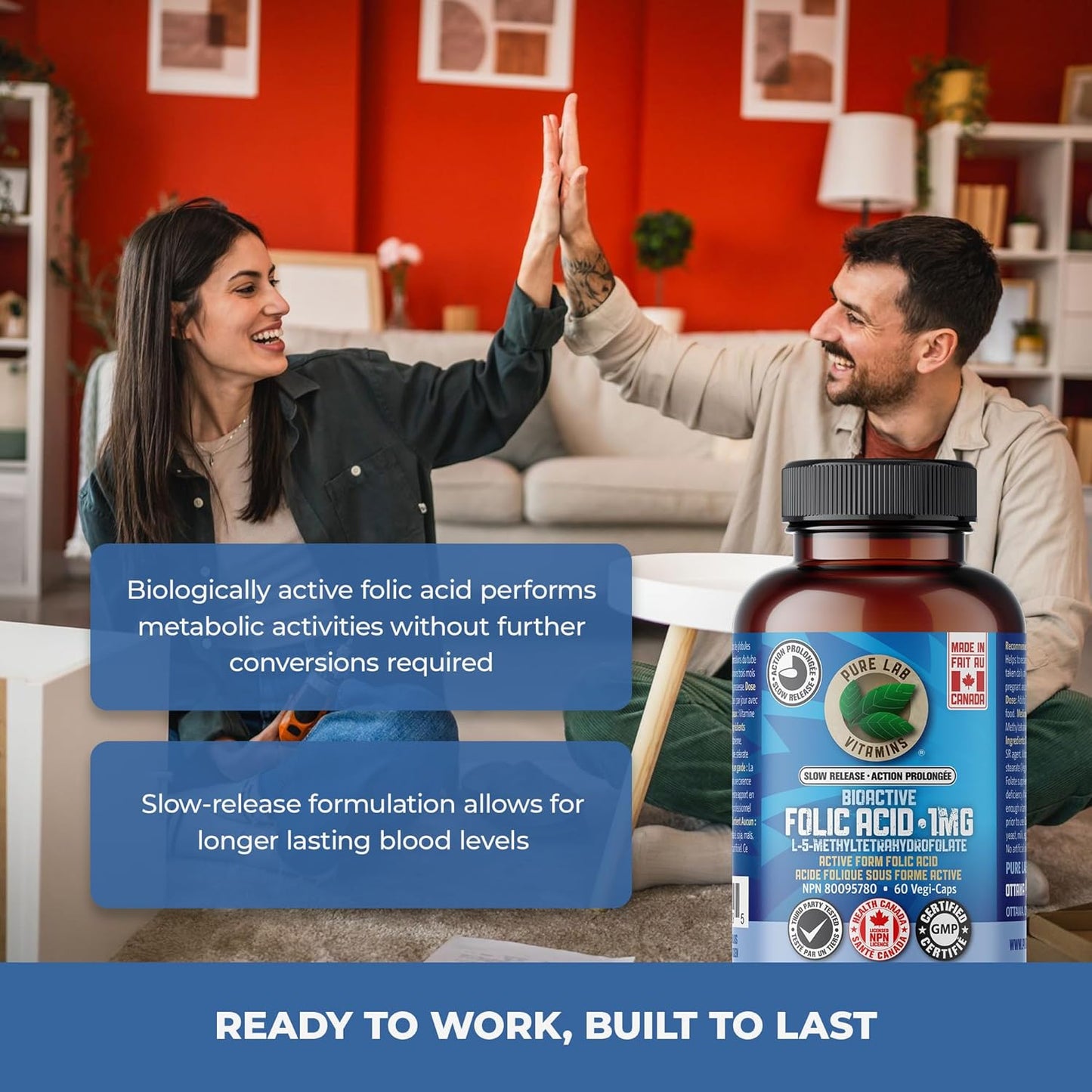 Pure Lab 维生素 | 缓释生物活性叶酸 1 毫克 | 60 粒胶囊 | 女性维生素 B9 叶酸补充剂 | 孕期叶酸 | L-5-MTHF 补充剂 | 免疫系统支持和心血管